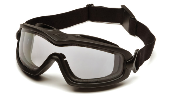 This image features the Pyramex V2G-PLUS® GB6410SDT, showcasing its crystal-clear dual-pane Thermo Lens System. This design is engineered to eliminate fogging by isolating temperature differences between the wearer's face and the external environment. The sleek black TPU frame is shown with integrated indirect ventilation at the top and bottom to promote airflow while maintaining a D3 rating for liquid splash protection. The wide, adjustable elastic strap with a quick-release clip ensures a secure, personalized fit for long shifts in demanding conditions.