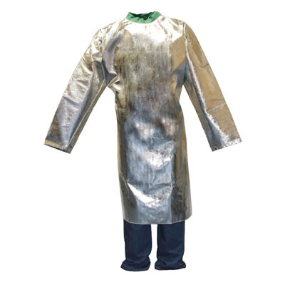 The image displays the Stanco AR645SG, a 45-inch industrial thermal coat designed for maximum radiant heat reflection. The exterior is crafted from high-gloss aluminized P.B.I.® fabric, which effectively bounces back 95% of radiant energy. A prominent feature shown is the integrated FR Green Cotton collar, part of the snap-out liner system designed for sweat absorption and neck comfort. The "reverse-entry" design is evident through the seamless, solid front panel, providing uninterrupted protection for furnace-facing workers.