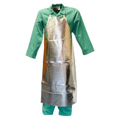 This image displays the Stanco AR48B bib apron, showcasing its highly reflective aluminized surface. The apron is pictured over a full-body FR green cotton suit, demonstrating how it provides a secondary, specialized thermal layer for the chest, midsection, and legs. The 48-inch length is clearly visible, providing coverage well past the knees for maximum frontal safety in radiant heat zones.
