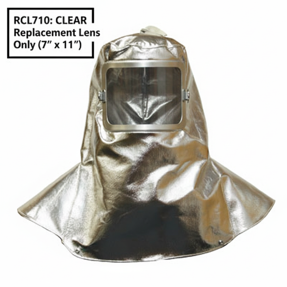 This image features the Stanco AK710 aluminized hood as a reference, with a clear window and an overlaying text box identifying the product as the RCL710 Clear Replacement Lens Only. The graphic clearly states the 7" x 11" dimensions to ensure customers purchase the correct size for their safety equipment.
