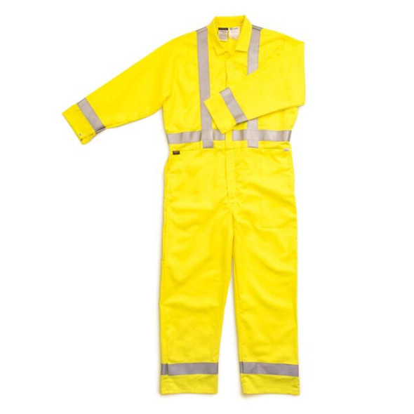 This image showcases the Stanco US7681HVY2RT4 Hi-Vis Coverall in bright fluorescent yellow. It features the ANSI Class 3 reflective tape configuration around the chest, waist, arms, and legs. The perforated nature of the tape is visible, highlighting its breathability. The coverall's "contractor style" includes functional pockets and a concealed zipper, all designed for the professional utility or construction worker.