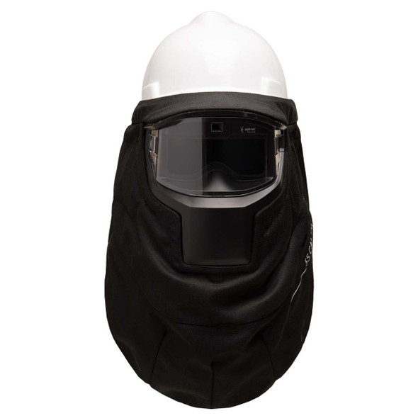 This front-facing image of the Stanco TV55712 TransVision Shield™ showcases the comprehensive facial and neck coverage provided by the arc-rated FR-Tex textile shroud. The high-visibility 55 CAL/cm² rating is clearly printed on the side of the black fabric, signaling its NFPA 70E CAT 4 compliance.

The center of the unit features the specialized TransVision lens, which is engineered to provide a realistic perception of colors for electrical work. This design ensures that the lens instantly darkens during an arc event to protect the eyes, while the ergonomic, lightweight frame allows for a secure fit over a standard white hard hat.