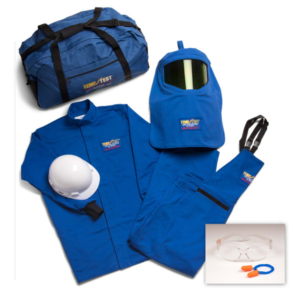 This image displays the Stanco TTK40 Arc Flash Kit in Royal Blue. The kit components are laid out to show the 35-inch coat, bib overalls, and standard hood featuring the red 40.0 cal/cm² identification patches. Also pictured is the dielectric white hard hat, a blue Temp-Test® gear bag, safety glasses, and earplugs, representing a complete CAT 4 electrical safety solution.