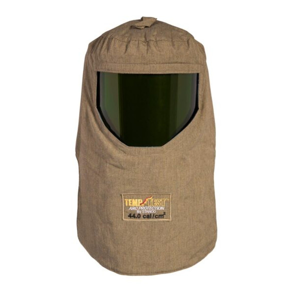 This front-view image displays the Stanco TT44-712 Arc Flash Hood. The hood is constructed from tan 11 oz. NORFAB fabric and features a large, dark-tinted integrated face shield. A "Temp-Test Arc Protection by Stanco" patch is visible on the lower front, clearly displaying the 44.0 cal/cm² rating.