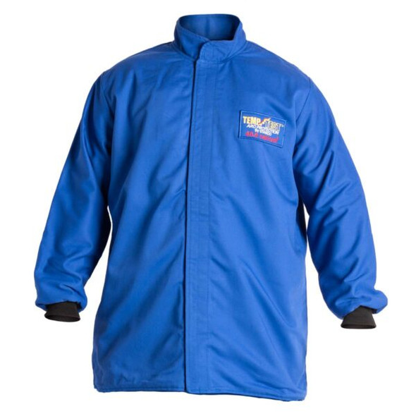 This image features the Stanco TT40-635 35-inch coat. Crafted from Royal Blue UltraSoft® fabric, the coat includes a high stand-up collar and black FR knit wrists. A "Temp-Test Arc Protection by Stanco" patch is clearly visible on the chest, displaying the 40.0 cal/cm² rating, illustrating the professional finish and certified safety of this CAT 4 garment.