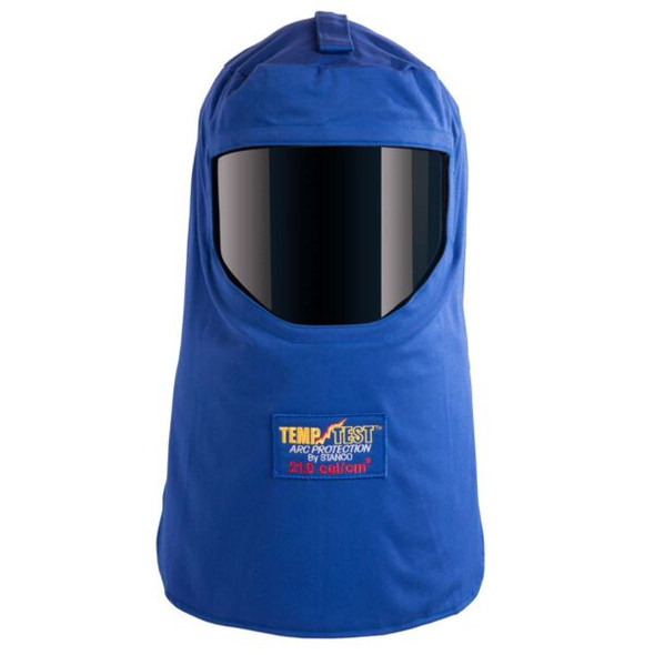 This front-view image showcases the Stanco TT25-712 Arc Flash Hood. Made from Royal Blue UltraSoft® fabric, the hood features a large, dark-tinted integrated face shield. A "Temp-Test Arc Protection by Stanco" patch is visible at the bottom, clearly displaying the 25.0 cal/cm² rating and CAT 3 compliance.