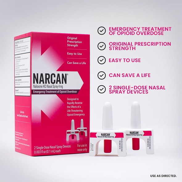 This professional product graphic features the NARCAN (Naloxone HCI) Nasal Spray 4mg retail carton alongside two individual single-dose nasal spray devices. To the right, a high-visibility checklist highlights the product's core strengths:

Emergency Treatment of Opioid Overdose: Specifically designed for rapid intervention.

Original Prescription Strength: Delivering a potent 4mg dose per device.

Easy to Use: No specialized medical training or needles required for administration.

2 Single-Dose Devices: Clearly displays the dual-pack contents, ensuring a backup dose is available if needed.

The image serves as an educational tool for workplace safety managers and first responders looking to stock Naloxone for emergency overdose response.