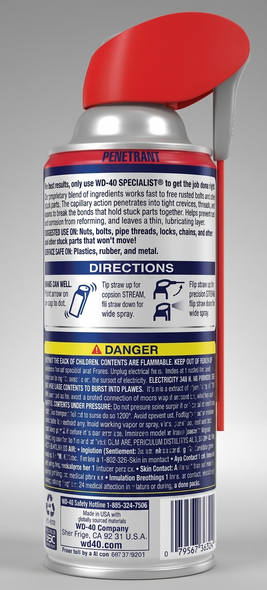 Back label of WD-40 Specialist Penetrant 11oz showing usage directions, surface safety, and Smart Straw applicator instructions.