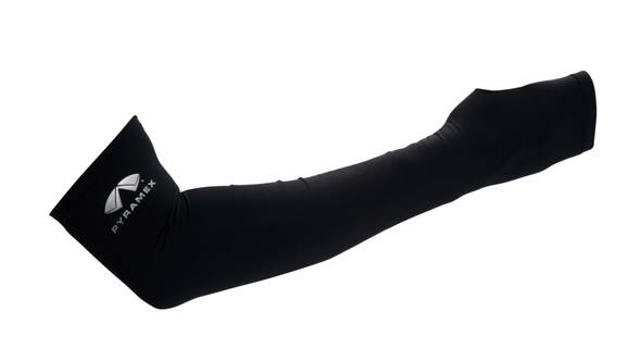 The Pyramex CS111 black moisture-wicking cooling arm sleeve featuring a flexible nylon-spandex blend, integrated thumb hole, and printed silver Pyramex logo on the upper arm.