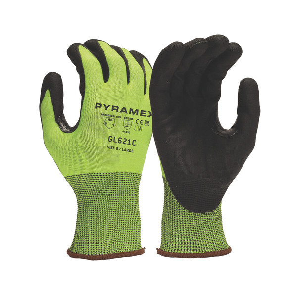 Pyramex GL621C safety gloves showing the high-visibility lime 18-gauge HPPE liner with ANSI A5 cut ratings on the back and the black micro-foam nitrile dipped palm.