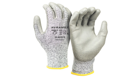 Pyramex GL402C5 safety gloves showing the salt-and-pepper 13-gauge HPPE cut-resistant liner with ANSI A4 ratings on the back and the gray polyurethane dipped palm.
