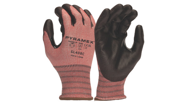 Pyramex GL408C safety gloves showing the red and black heathered 18-gauge HPPE cut-resistant liner with ANSI A6 ratings on the back and the black polyurethane dipped palm.