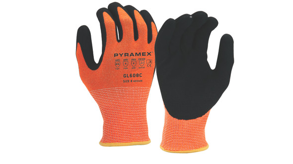 Pyramex GL608C cut resistant work gloves highlighting the black sandy nitrile dipped palm and the high-visibility orange 13-gauge PMXTECK HPPE liner with ANSI A6 safety stampings.