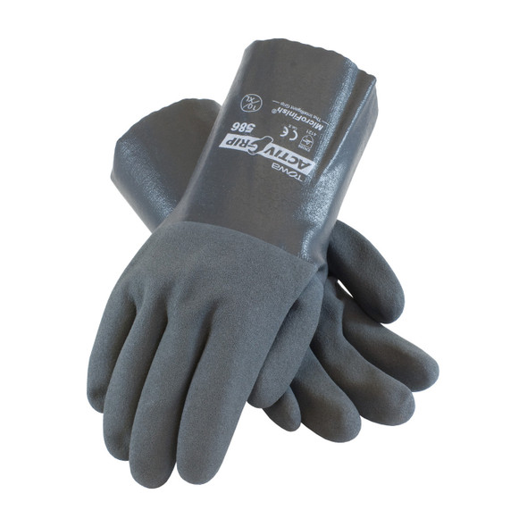 PIP ActivGrip 56-AG586 nitrile gloves showing textured MicroFinish palm grip and gauntlet cuff.