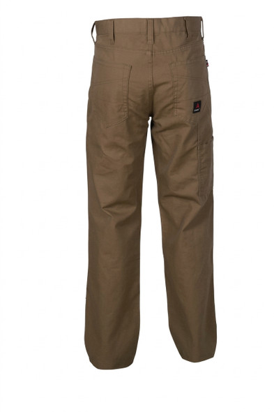 Back view of Forge FR Men's Brown Industrial Canvas Pants (Style P-MFRP-5) showing back pockets, reinforced belt loops, and side utility pocket.