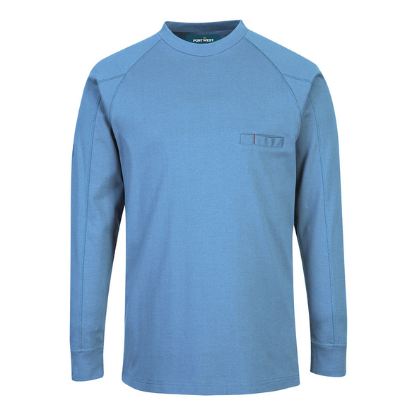 Portwest FR33 Lake Blue Bizflame Knit Antistatic FR Long Sleeve T-Shirt featuring 7 oz 99% cotton 1% carbon fiber fabric, CAT 2 arc flash protection, raglan sleeves, concealed chest pocket, and ribbed cuffs.
