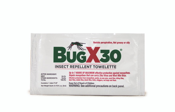 A single BugX30 Insect Repellent Towelette packet. The packaging clearly shows "30% DEET" as the active ingredient and highlights key benefits, including "7 HOURS of MAXIMUM effective protection" against mosquitoes and ticks.