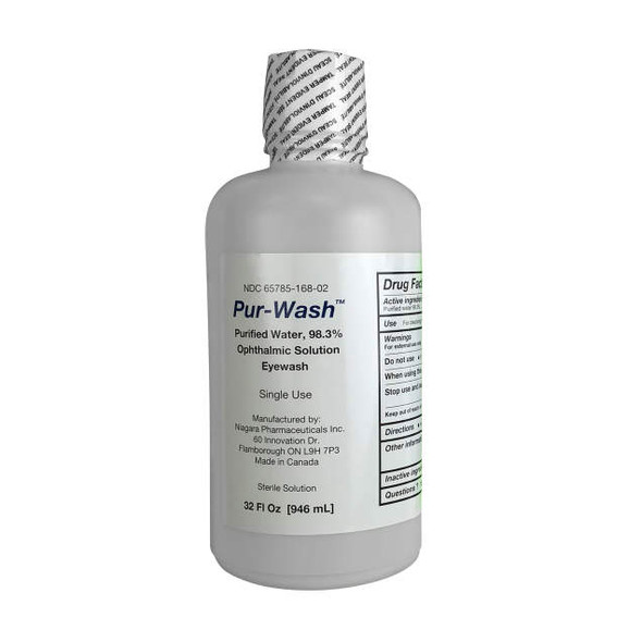 32 fl oz bottle of Pur-Wash Ophthalmic Solution Eyewash with Purified Water, Sterile, for First Aid.