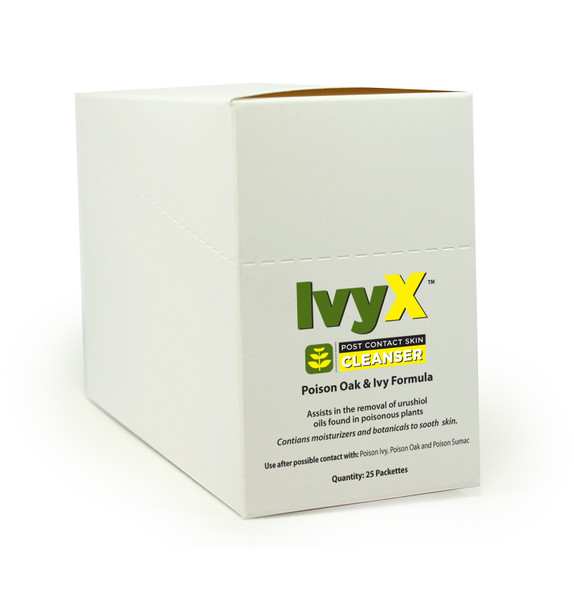 IvyX Post-Contact Skin Cleanser 25-count dispenser box for Poison Ivy and Oak oil removal.