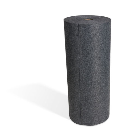Sure Grip® Non-Slip Adhesive Floor Mat (AS-SG-34100-G) in a 34 inch x 100 foot roll. Isolated product image of the universal absorbent mat roll, highlighting the heavyweight, grey needlepunch construction. Used for absorbing oil and water spills in high-traffic industrial areas.
