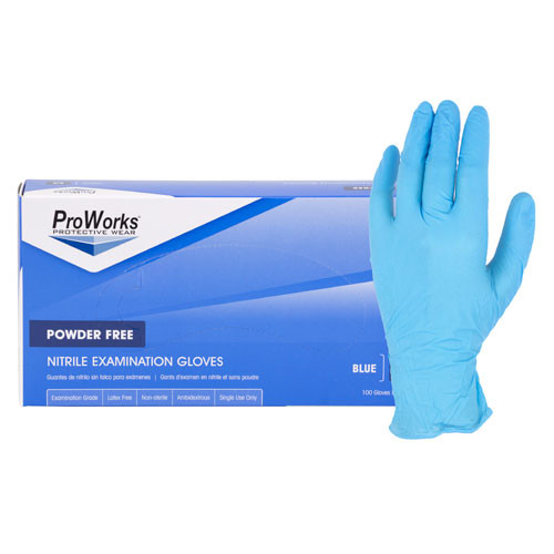 ProWorks GL-N135F 4 mil Blue Nitrile Exam Gloves box showing medical grade and FDA food safe certifications.