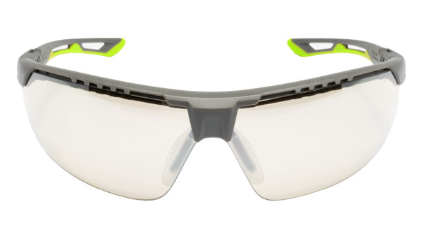 Front-facing view of the Pyramex TruFlex Vented Safety Glasses, SGL11380DT model. Features the Gray and Lime green frame with the I/O Mirror Anti-Fog Lens. Clearly shows the half-frame design and customizable nose piece. ANSI Z87.1 certified.