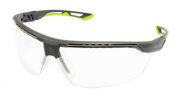 Close-up of Pyramex TruFlex Vented Safety Glasses, SGL11310DT model, featuring a Gray and Lime green frame with Clear H2X Anti-Fog Lens. Highlights the vented frame design, adjustable nose piece, and half-frame style. ANSI Z87.1 certified.