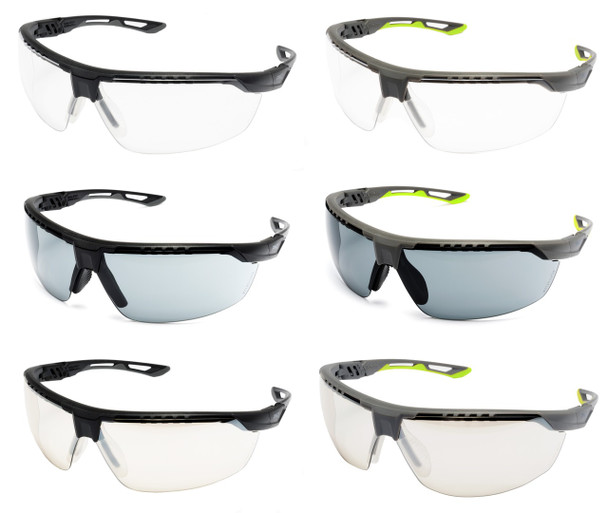 Collage of Pyramex TruFlex Vented Safety Glasses showing all six available variants: H2X Anti-Fog Clear, Gray, and I/O Mirror lenses with both Black/Gray and Gray/Lime adjustable frames. High-impact ANSI Z87+ protection.