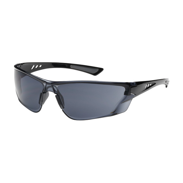 PIP Recon™ Safety Glasses (SKU 250-32-0521) shown in a 3/4 front view. Features a rimless design with a Gray Tinted lens for sun glare reduction and a Gloss Black temple. This model includes the advanced FogLess® 3Sixty™ Anti-Fog coating and Anti-Scratch coating. The temples feature rubber tips, and the eyewear is certified for high-impact protection under ANSI Z87+ and CSA Z94.3 standards.