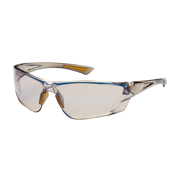 PIP Recon™ Safety Glasses (SKU 250-32-0226) shown in a 3/4 front view. Features a rimless design with an Indoor/Outdoor (I/O) Blue lens, ideal for workers moving between light and dark environments [cite: 250-32-0226]. The frame/temple is Translucent Brown [cite: 250-32-0226]. The lens is treated with Anti-Scratch and standard Anti-Fog coatings [cite: 250-32-0226], and the eyewear is certified to ANSI Z87+ high-impact standards.