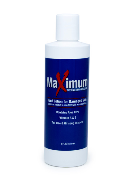 Coretex® Maximum Strength Hand Lotion, 8 fl oz Bottle. This image features an 8 fl oz (237ml) bottle of Coretex® Maximum Strength Hand Lotion, designed for damaged skin. The bottle has a distinctive dark blue label with "Maximum STRENGTH HAND LOTION" prominently displayed in white and red lettering. The label highlights key benefits: "Hand Lotion for Damaged Skin" and "Leaves no residue to interfere with work activities." It also lists key ingredients: "Contains Aloe Vera, Vitamin A & E, Tea Tree & Ginseng Extracts." This visual emphasizes the lotion's focus on healing and conditioning hardworking hands without a greasy feel, making it an ideal solution for industrial skin care.