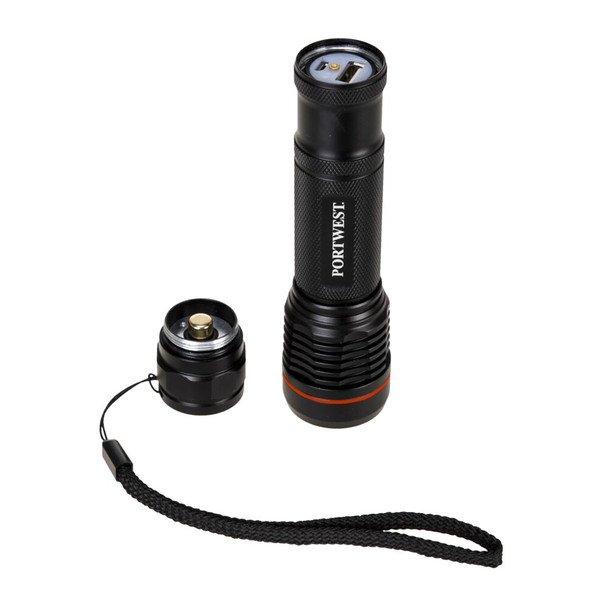 High-resolution image of the Portwest PA75 USB rechargeable flashlight, black with a red accent ring. Highlights its compact design and powerful LED lens for adjustable focus.