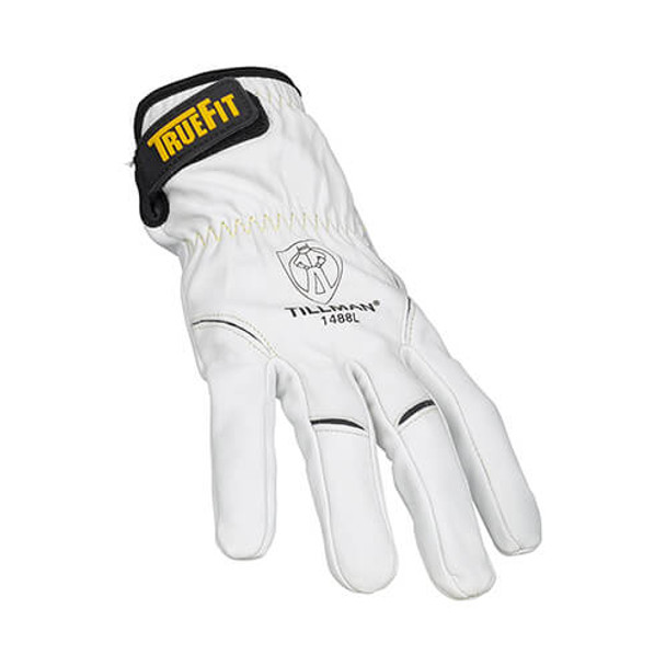A product-focused, high-resolution image of a single Tillman 1488 TrueFit® TIG welding glove. The glove is positioned at an angle, showcasing the palm, fingers, and a clear view of the wrist closure. The glove is made from soft, white top-grain goatskin leather. The palm features the black Tillman logo and "T-1488L" model number. A prominent "TRUEFIT" logo in yellow and black is visible on the adjustable hook and loop wrist closure, which helps ensure a secure fit. The distinct yellow stitching and black accents provide visual contrast and highlight the glove's professional-grade construction. This image effectively communicates the glove's high quality, key features, and brand identity to potential customers searching for TIG welding gloves.