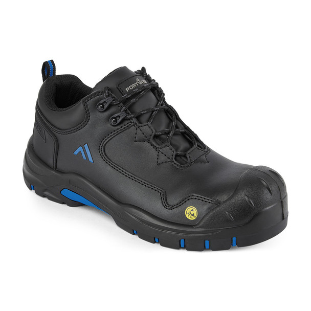 Discover the ideal blend of protection and performance with the Portwest FC19 Apex Compositelite Shoe. This 100% metal-free safety shoe, featuring a sleek black action leather upper with distinctive blue accents, is engineered for agility in the modern workplace. It is a certified Static-Dissipative (ESD) shoe, making it perfect for environments where controlling static electricity is critical.

The FC19 offers robust protection with a lightweight composite toecap and a puncture-resistant mid-sole. Its advanced dual-density sole unit provides exceptional slip resistance (SR) and is resistant to both fuel, oil, and extreme heat (HRO) up to 572°F. The superbly cushioned footbed and energy-absorbing heel ensure all-day comfort, while a protective scuff cap adds to its durability.