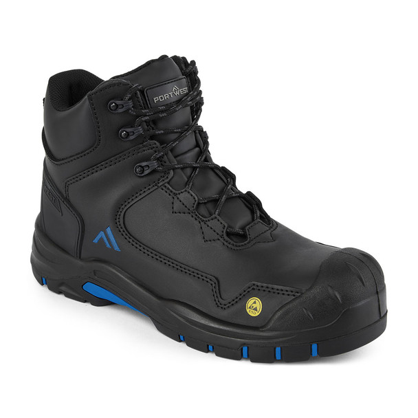 Portwest FC18 - Apex Composite Mid Boot S3S SD PR Description (Black/Blue)
Step into advanced safety with the Portwest FC18 Apex Composite Mid Boot in a striking black and blue design. This 100% metal-free safety boot is engineered for high-performance environments, boasting both a composite toecap and a puncture-resistant mid-sole for comprehensive underfoot protection. Its specialized ESD (Electrostatic Discharge) properties make it ideal for static-sensitive workplaces.

Built for demanding jobs, the FC18 features a durable action leather upper that is water-resistant to keep your feet dry. The outsole is heat-resistant up to 572°F (HRO) and provides excellent slip resistance (SR), as well as resistance to fuel and oil. Comfort is prioritized with a superbly cushioned footbed and an energy-absorbing heel, reducing fatigue throughout the workday. The mid-boot height offers enhanced ankle support, while the black and blue accents provide a modern, professional look.