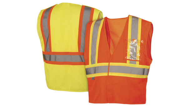 Front and back view of the Pyramex RVHL27 Hi-Vis Breakaway Mesh Vest, an ANSI Type R Class 2 certified vest with reflective tape and contrasting trim.
