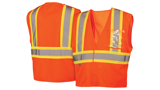 Front and back view of the Pyramex RVHL27 Hi-Vis Breakaway Mesh Vest, an ANSI Type R Class 2 certified vest with reflective tape and yellow contrasting trim.