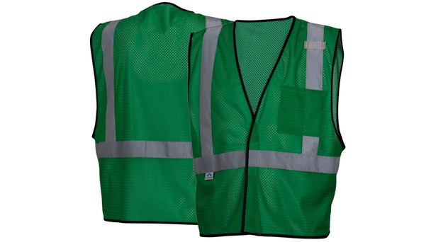 Front and back view of the Pyramex RV12 enhanced visibility vest in green, a non-rated mesh vest with a mic tab and reflective material.