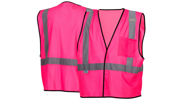 Front view of the Pyramex RV12 enhanced visibility vest in pink, a non-rated mesh vest with a mic tab and reflective material.