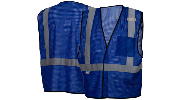 Front and back view of the Pyramex RV12 enhanced visibility vest in blue, a non-rated mesh vest with a mic tab and reflective material.