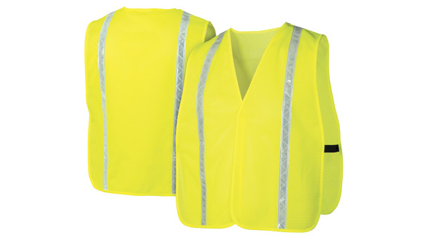 Front and back view of the Pyramex RV1 Enhanced Visibility Vest, a non-rated mesh vest with 1-inch vinyl reflective stripes and elastic side straps.