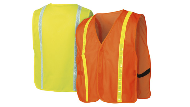 Front view of the Pyramex RV1 enhanced visibility vest in hi-vis yellow and orange, a non-rated vest with 1-inch vinyl reflective stripes and elastic side straps.