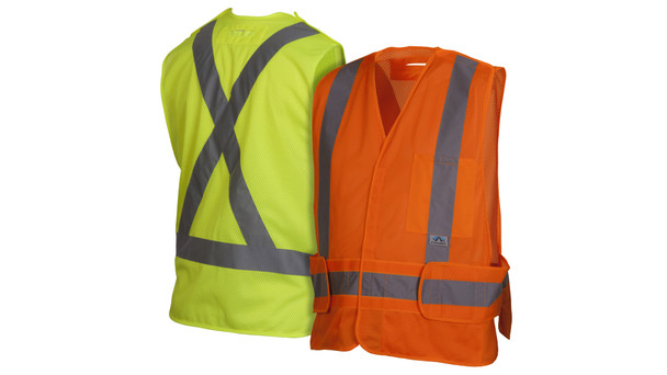 Front and back view of the Pyramex RCA25SE Self-Extinguishing Hi-Vis Breakaway Vest, an ANSI Type R Class 2 and CSA Class 2 Level 2 certified vest made from self-extinguishing polyester mesh. Features a reflective X-pattern on the back and is shown in yellow-green and orange.