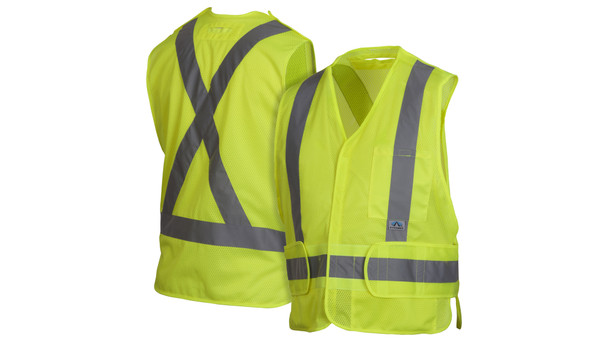 Description: Front and back view of the Pyramex RCA25SE Self-Extinguishing Hi-Vis Breakaway Vest in hi-vis yellow-green. It is an ANSI Type R Class 2 and CSA Class 2 Level 2 certified vest with a reflective X-pattern on the back.
