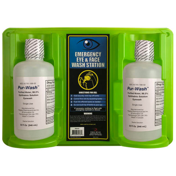 A bright green, wall-mountable emergency eyewash and face wash station. The kit contains two 32-ounce bottles of Pur-Wash Ophthalmic Solution, each with a secure cap. The center of the station has a blue and yellow instruction panel with directions for use and safety warnings
