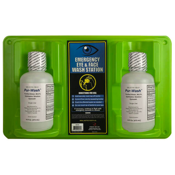 A bright green, wall-mountable emergency eyewash and face wash station. The kit contains two 16-ounce bottles of Pur-Wash Ophthalmic Solution, each with a secure cap. The center of the station has a blue and yellow instruction panel with directions for use and safety warnings.