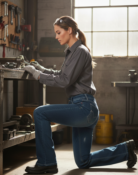 FORGE FR Ladies Stretch Denim Jeans LFRJ-0052, CAT 2, 13 cal/cm², worn by a woman kneeling comfortably while working in a workshop, highlighting the stretch fabric and fit.