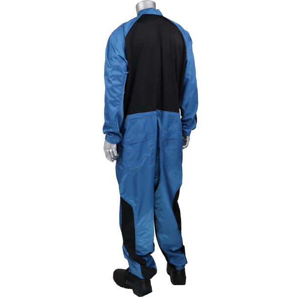 Back left quarter view of Uniform Technology Anti-Static Coverall, royal blue reusable jumpsuit, clearly showing full upper back ventilation panel and hip pockets.