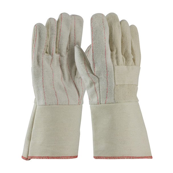 Pair of Safe-T-Glove 524G 24 oz. Hot Mill Gauntlet Gloves. White, cotton, double-layered, with red stitching. Features a long gauntlet cuff and knuckle strap. Pair of Safe-T-Glove 524G 24 oz. Hot Mill Gauntlet Gloves. White, cotton, double-layered, with red stitching. Features a long gauntlet cuff and knuckle strap.
