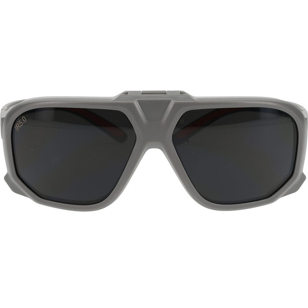 Front view of the Site Boss Flip-Up IR Safety Glasses (Shade 5.0), clearly showing the hinge mechanism for easy transition between shaded cutting and clear inspection tasks. Z87.1+ certified.